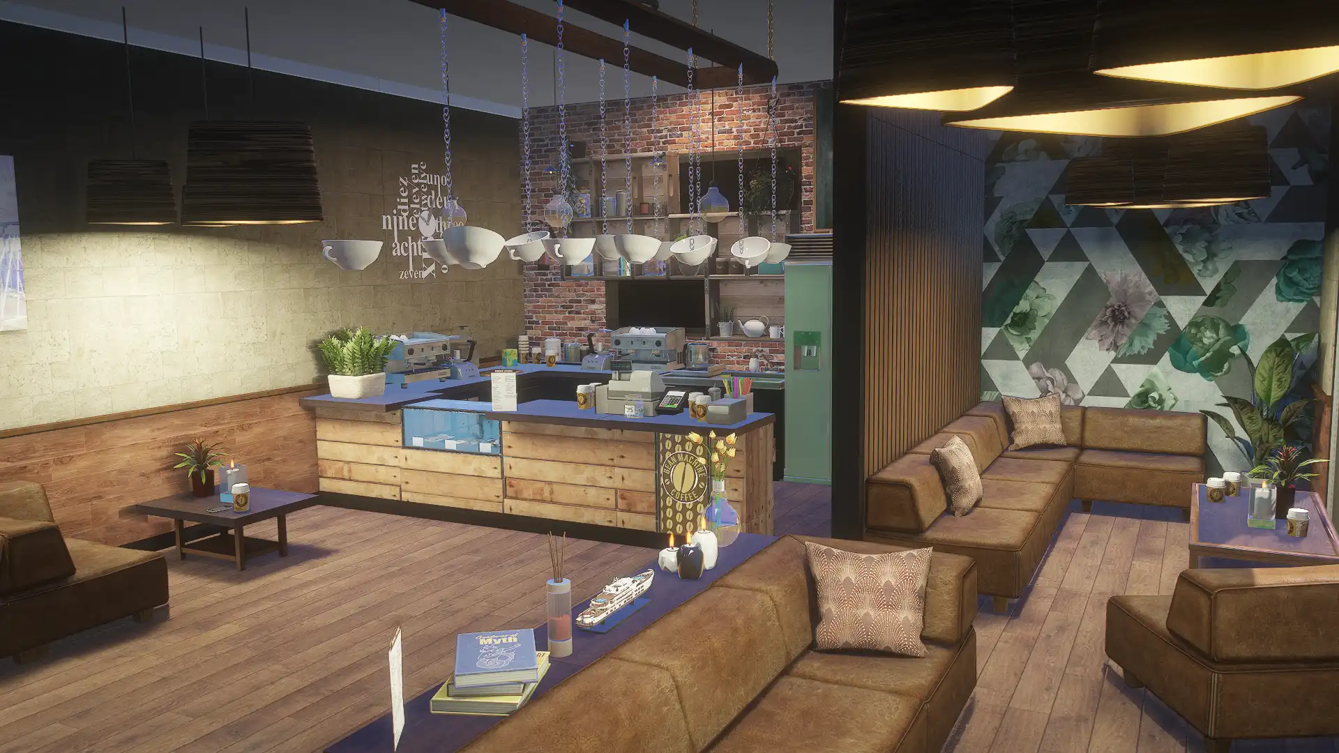 Salón interior de Bean Machine con vistas al muelle de Del Perro y al océano Pacífico